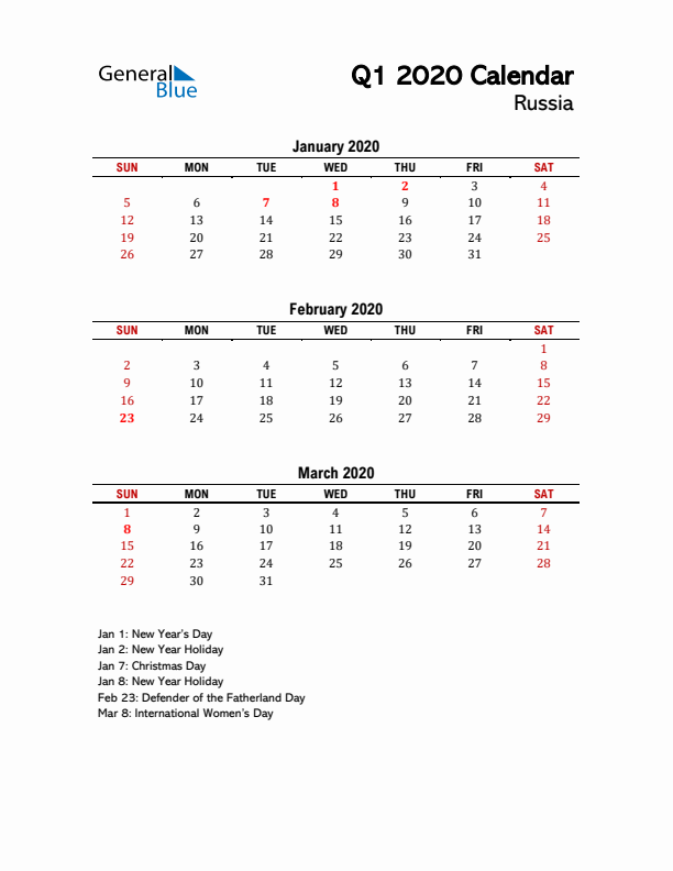 2020 Q1 Calendar with Holidays List for Russia