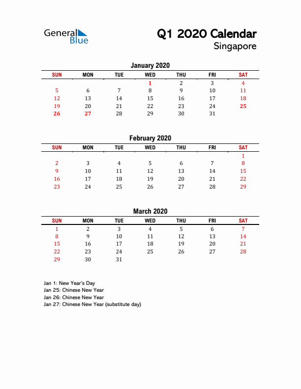 2020 Q1 Calendar with Holidays List for Singapore