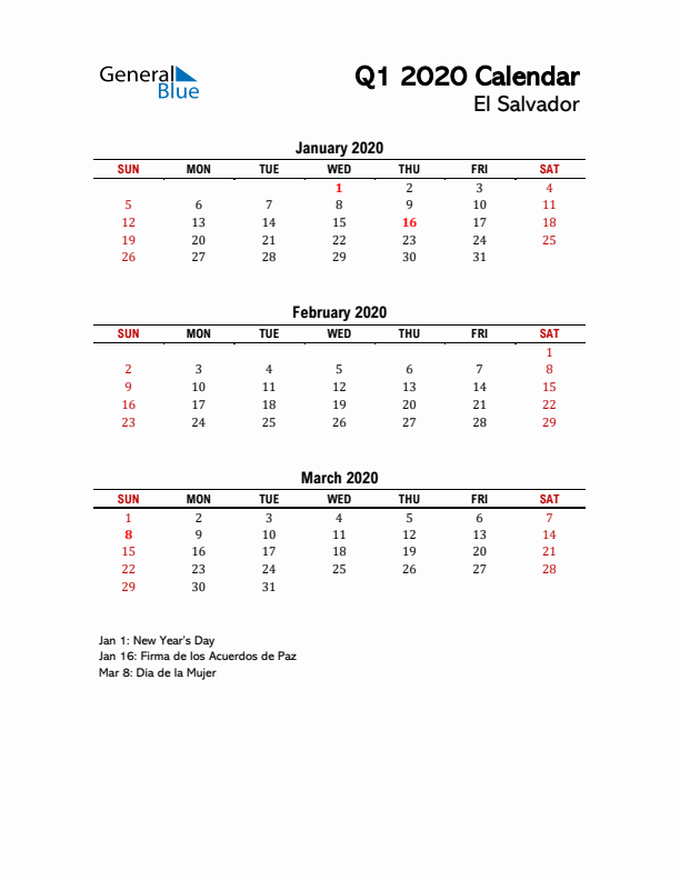 2020 Q1 Calendar with Holidays List for El Salvador