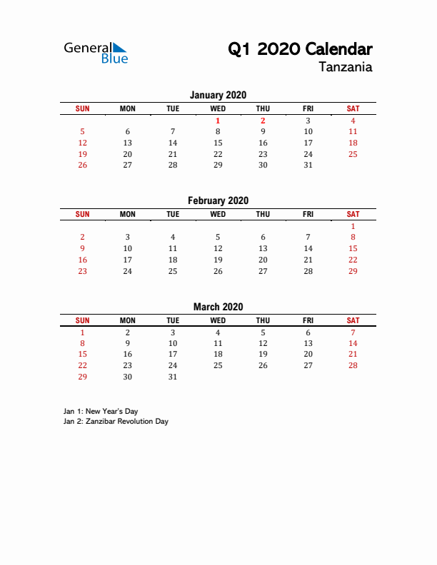 2020 Q1 Calendar with Holidays List for Tanzania