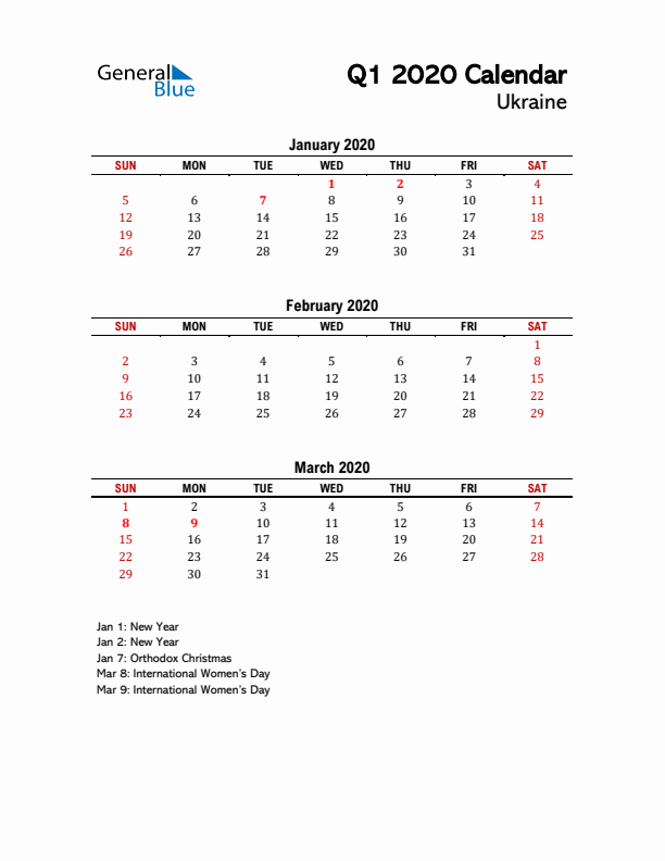 2020 Q1 Calendar with Holidays List for Ukraine