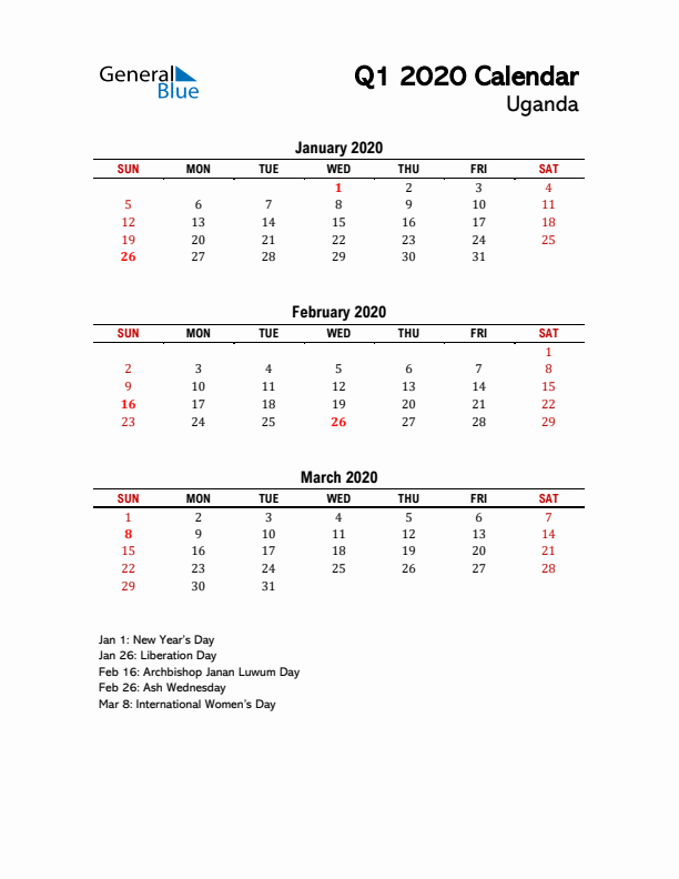 2020 Q1 Calendar with Holidays List for Uganda