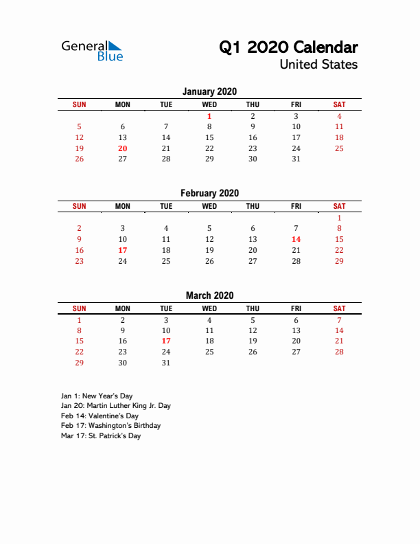 2020 Q1 Calendar with Holidays List for United States