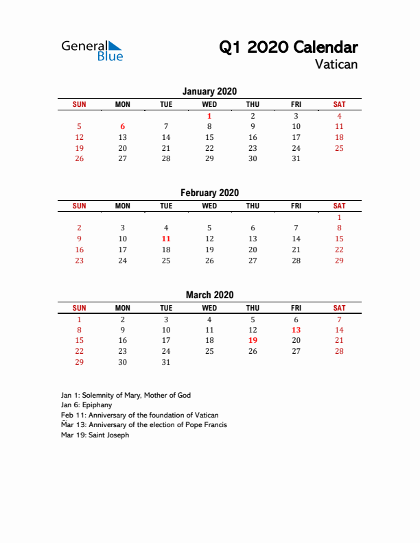 2020 Q1 Calendar with Holidays List for Vatican