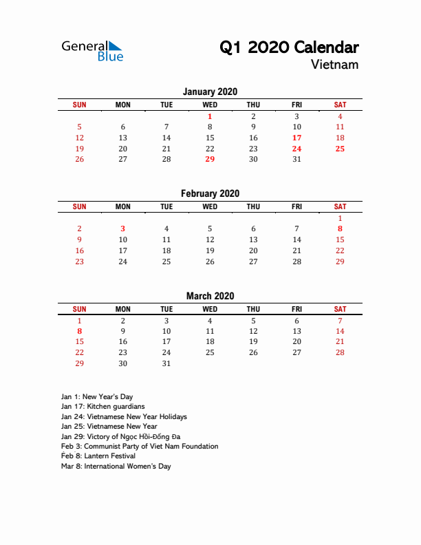 2020 Q1 Calendar with Holidays List for Vietnam