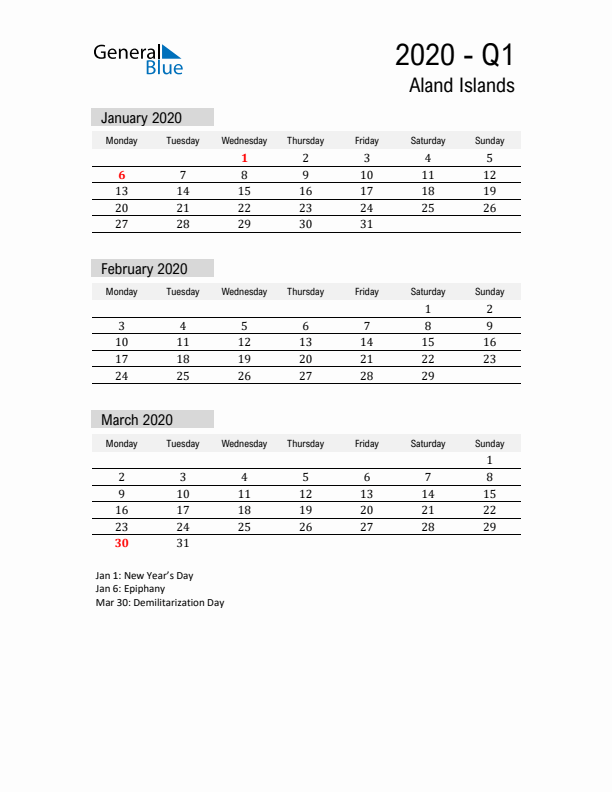 Aland Islands Quarter 1 2020 Calendar with Holidays