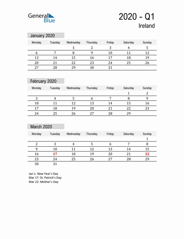 Ireland Quarter 1 2020 Calendar with Holidays