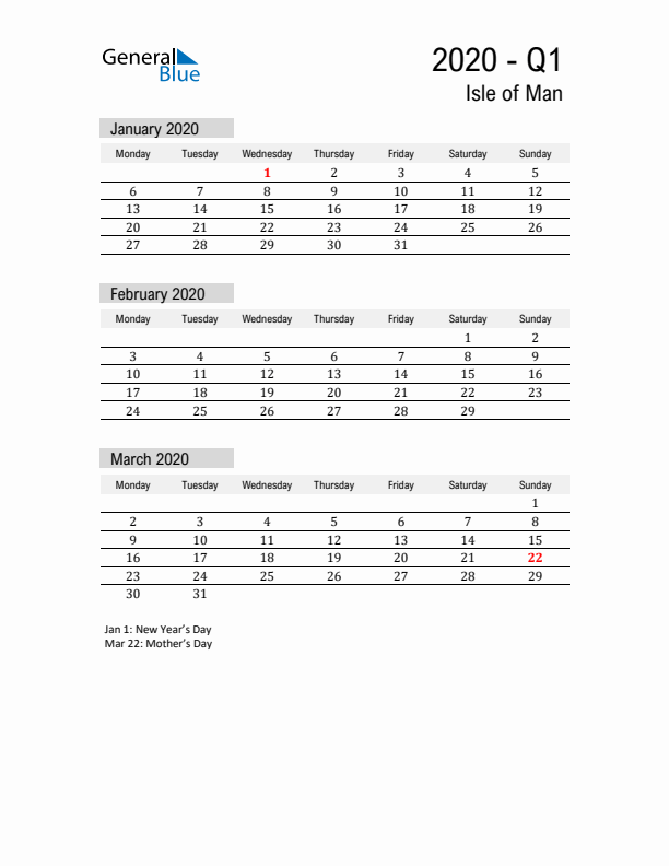 Isle of Man Quarter 1 2020 Calendar with Holidays