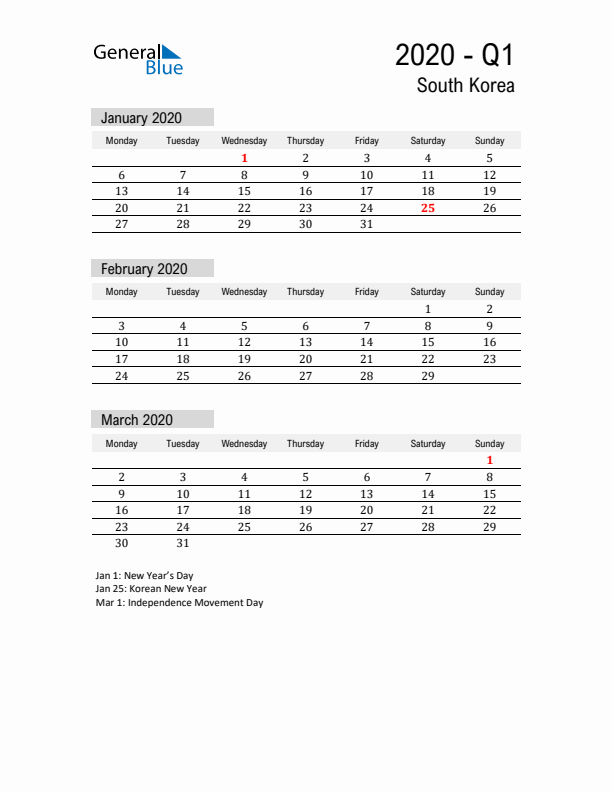 South Korea Quarter 1 2020 Calendar with Holidays