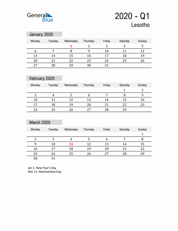 Lesotho Quarter 1 2020 Calendar with Holidays