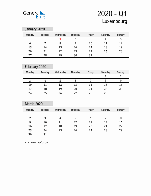 Luxembourg Quarter 1 2020 Calendar with Holidays