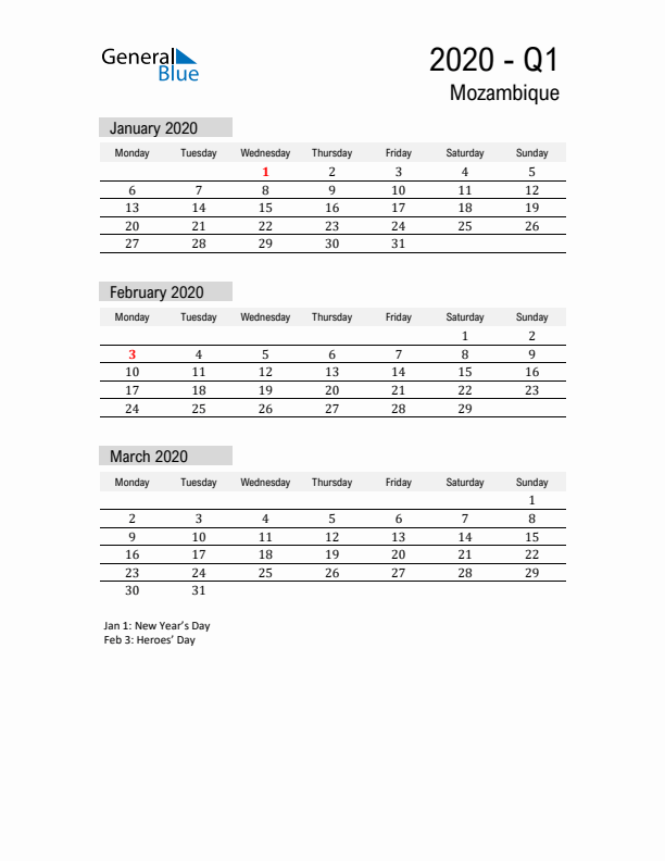 Mozambique Quarter 1 2020 Calendar with Holidays