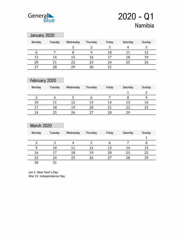 Namibia Quarter 1 2020 Calendar with Holidays