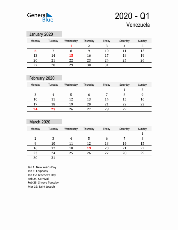 Venezuela Quarter 1 2020 Calendar with Holidays