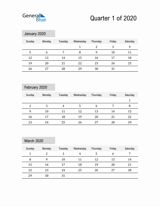 January, February, and March Calendar 2020