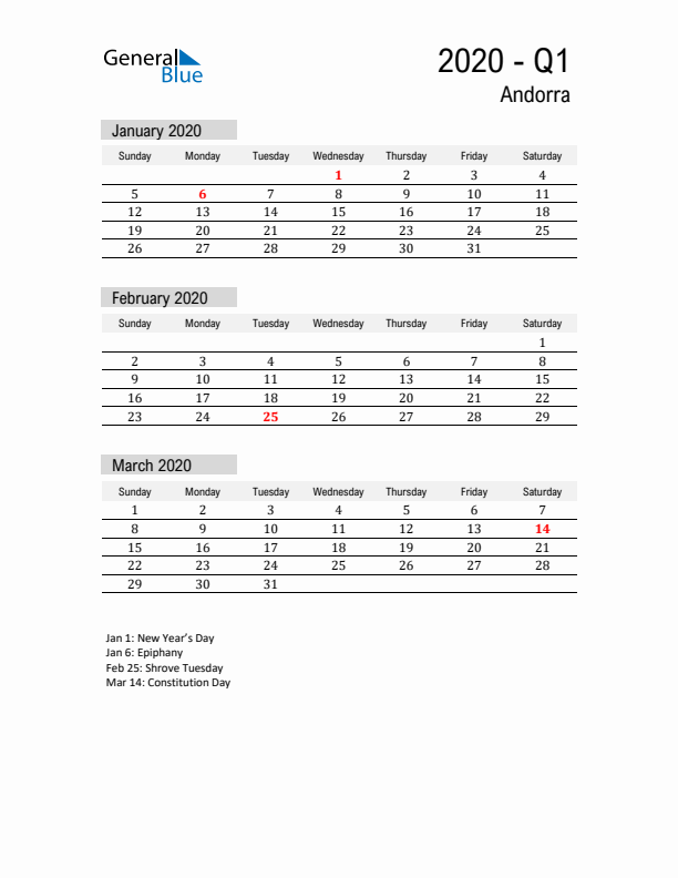 Andorra Quarter 1 2020 Calendar with Holidays