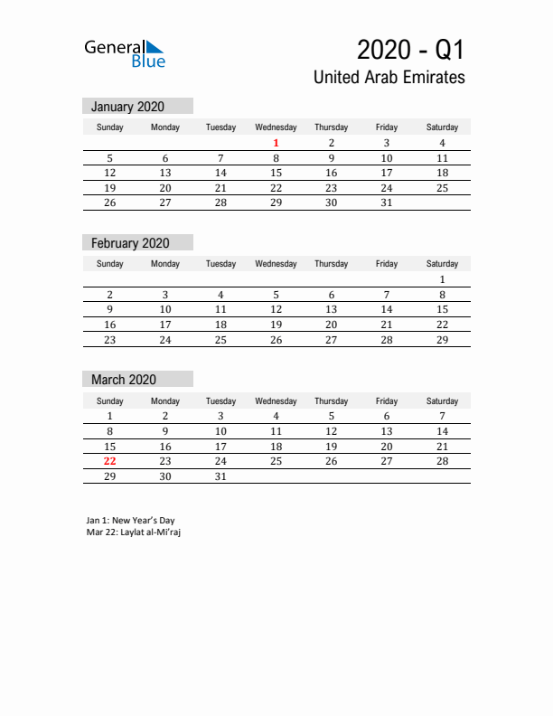 United Arab Emirates Quarter 1 2020 Calendar with Holidays