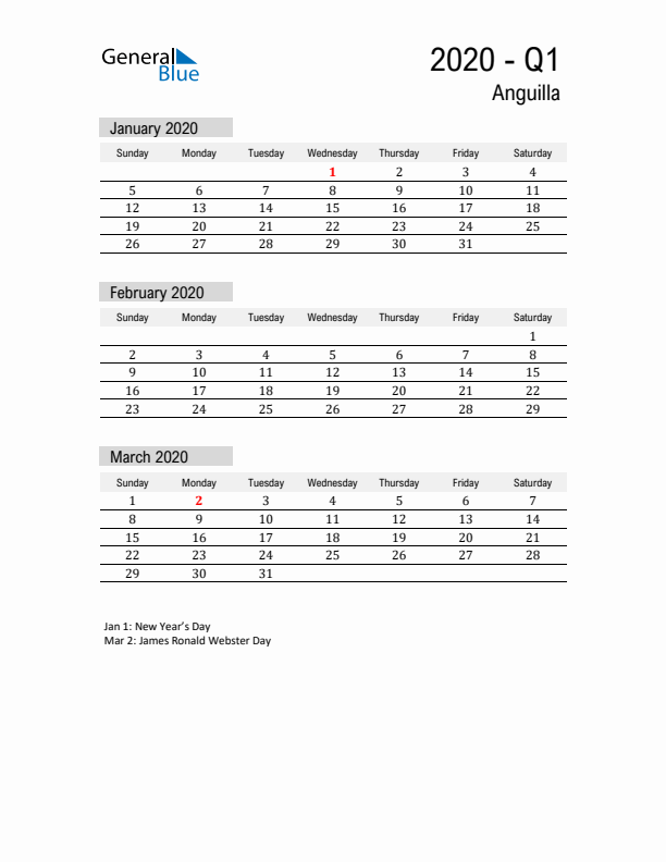 Anguilla Quarter 1 2020 Calendar with Holidays