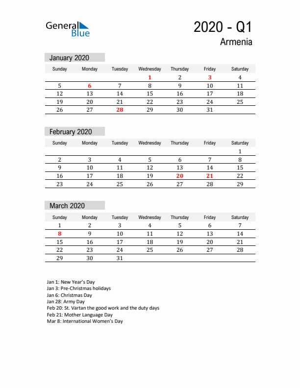 Armenia Quarter 1 2020 Calendar with Holidays