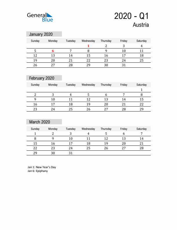 Austria Quarter 1 2020 Calendar with Holidays