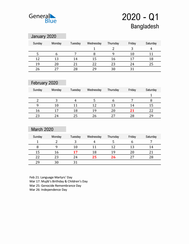 Bangladesh Quarter 1 2020 Calendar with Holidays