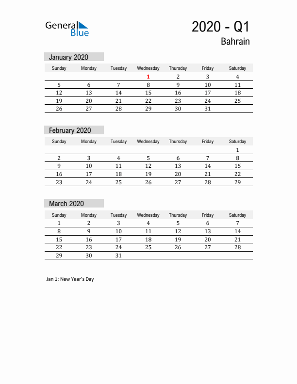 Bahrain Quarter 1 2020 Calendar with Holidays