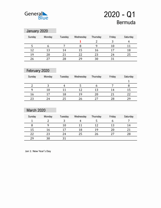 Bermuda Quarter 1 2020 Calendar with Holidays