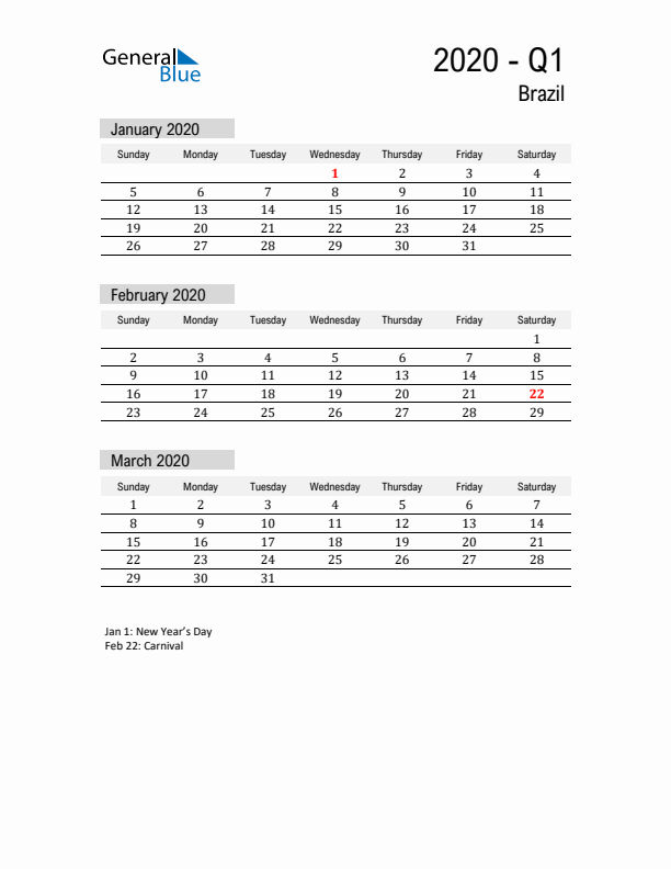 Brazil Quarter 1 2020 Calendar with Holidays