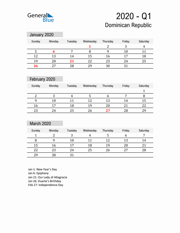 Dominican Republic Quarter 1 2020 Calendar with Holidays