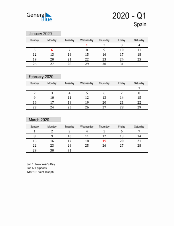 Spain Quarter 1 2020 Calendar with Holidays