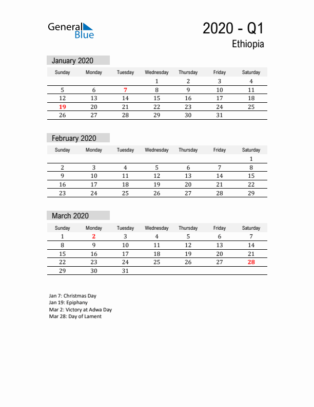 Ethiopia Quarter 1 2020 Calendar with Holidays