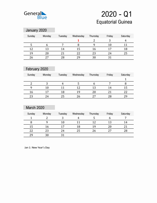 Equatorial Guinea Quarter 1 2020 Calendar with Holidays