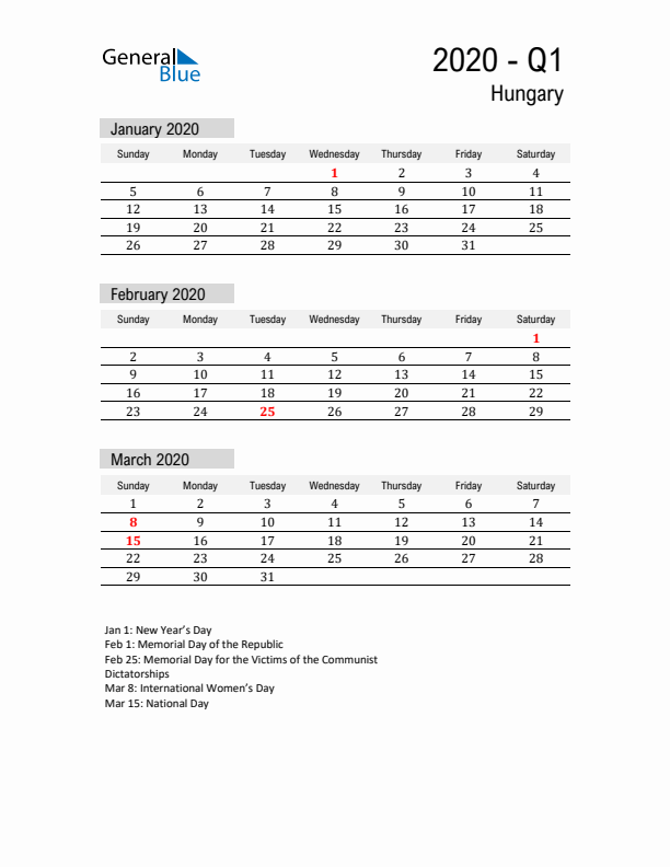 Hungary Quarter 1 2020 Calendar with Holidays