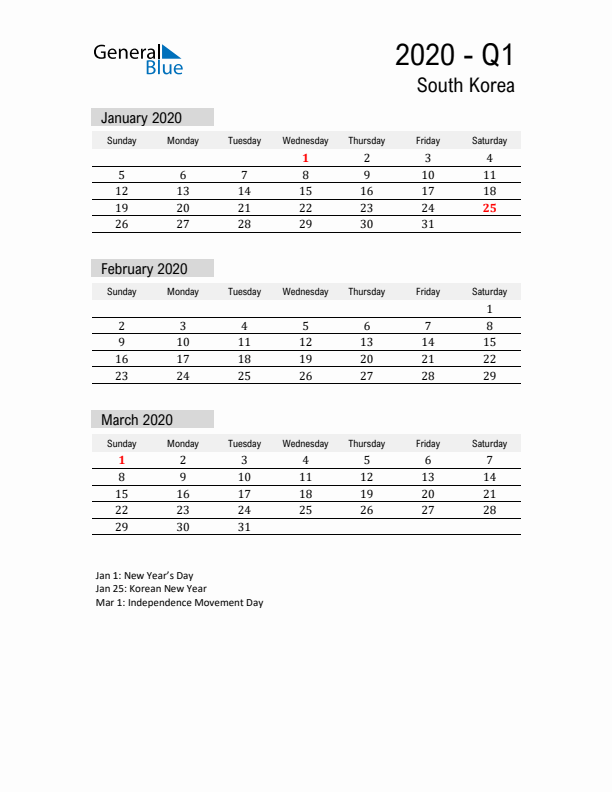 South Korea Quarter 1 2020 Calendar with Holidays