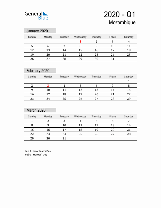 Mozambique Quarter 1 2020 Calendar with Holidays