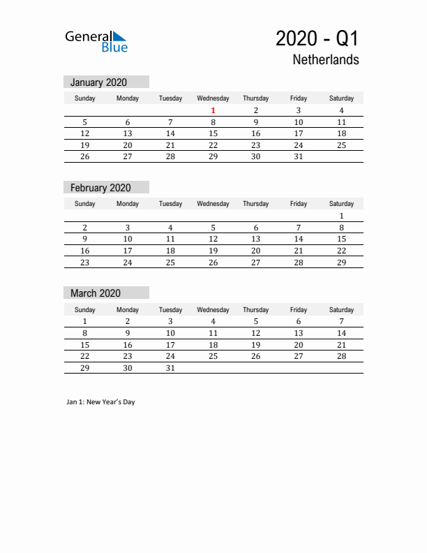 The Netherlands Quarter 1 2020 Calendar with Holidays