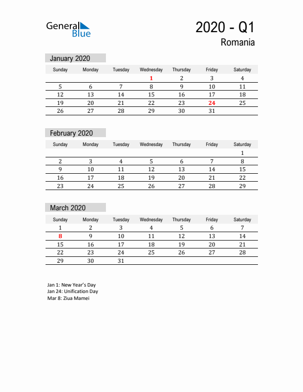 Romania Quarter 1 2020 Calendar with Holidays