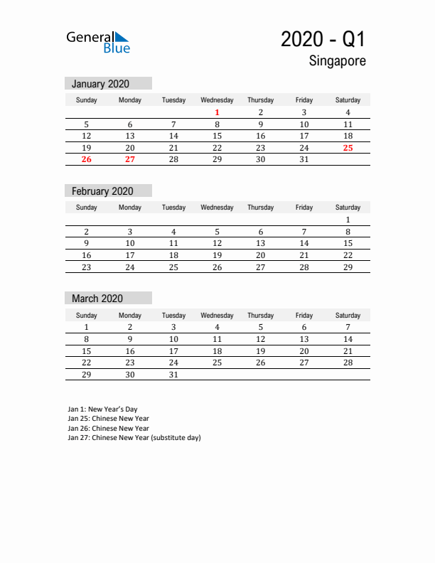 Singapore Quarter 1 2020 Calendar with Holidays