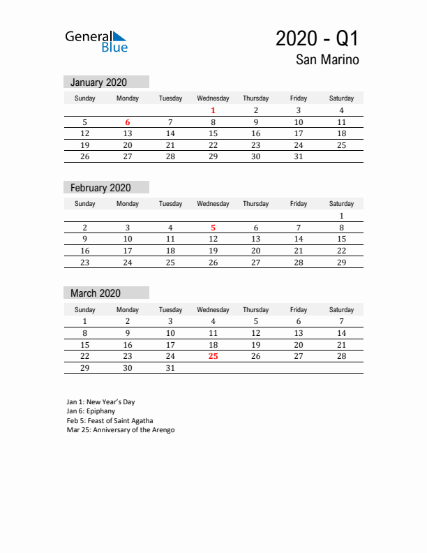 San Marino Quarter 1 2020 Calendar with Holidays