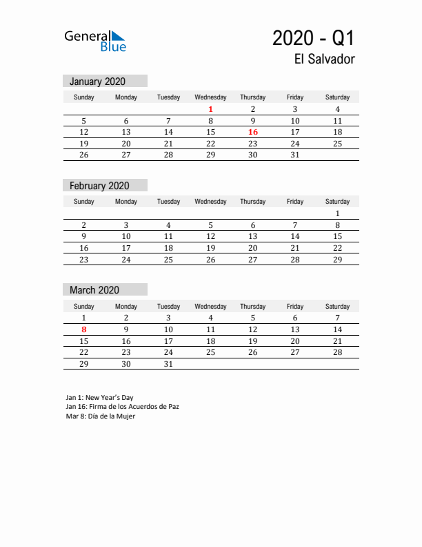 El Salvador Quarter 1 2020 Calendar with Holidays