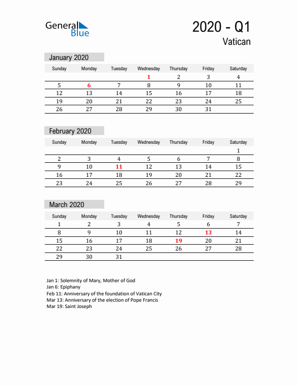 Vatican Quarter 1 2020 Calendar with Holidays