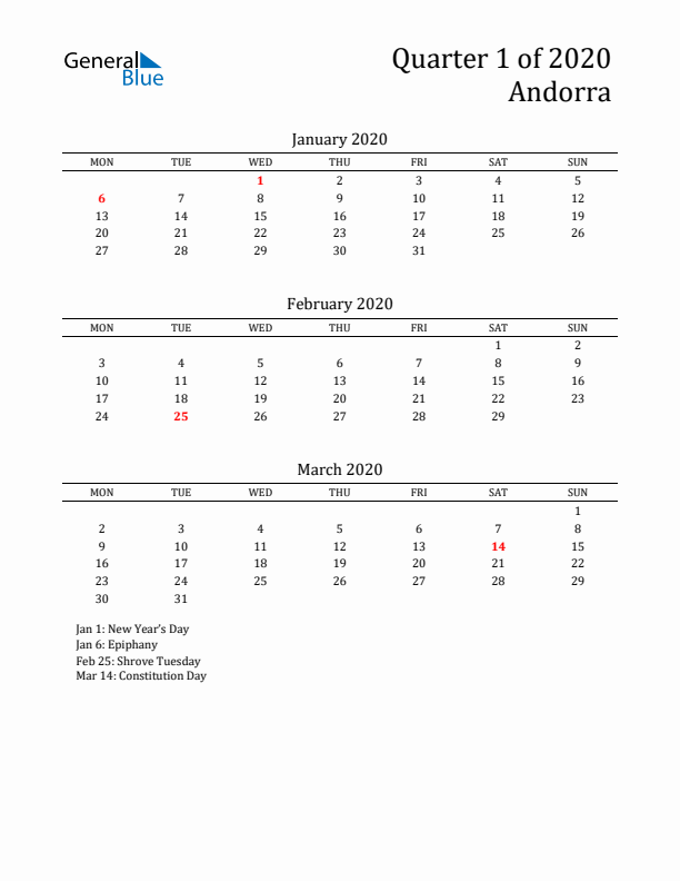 Quarter 1 2020 Andorra Quarterly Calendar