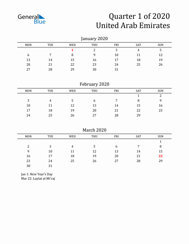 Quarter 1 2020 United Arab Emirates Quarterly Calendar