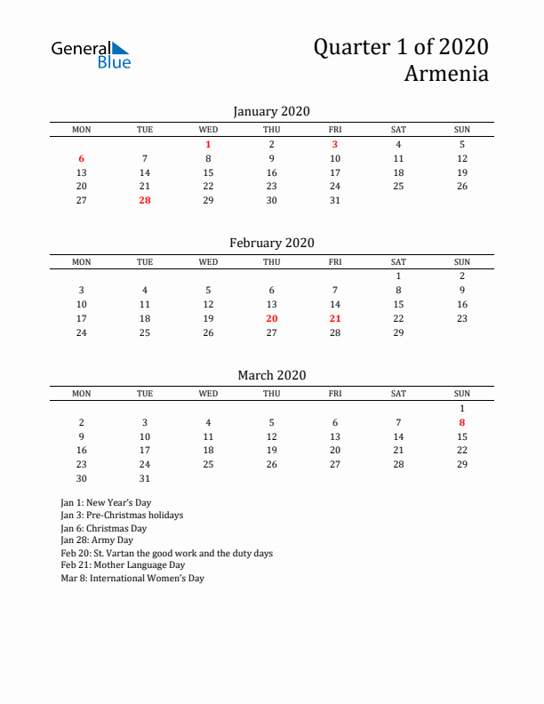 Quarter 1 2020 Armenia Quarterly Calendar