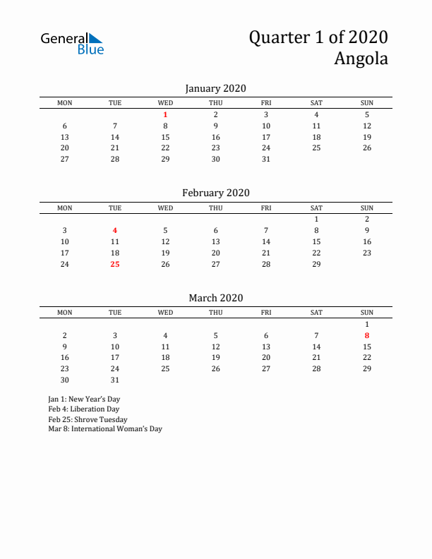 Quarter 1 2020 Angola Quarterly Calendar