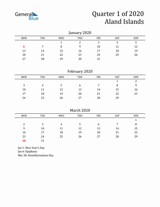 Quarter 1 2020 Aland Islands Quarterly Calendar