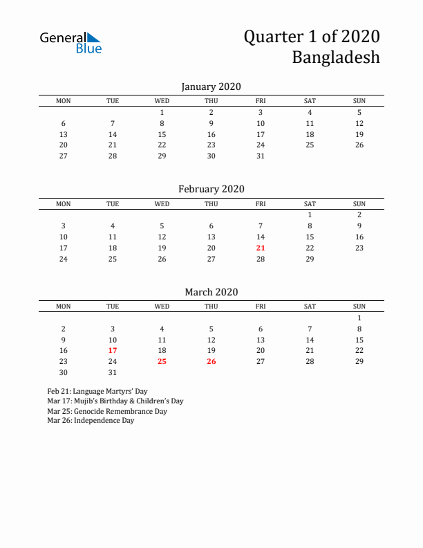 Quarter 1 2020 Bangladesh Quarterly Calendar