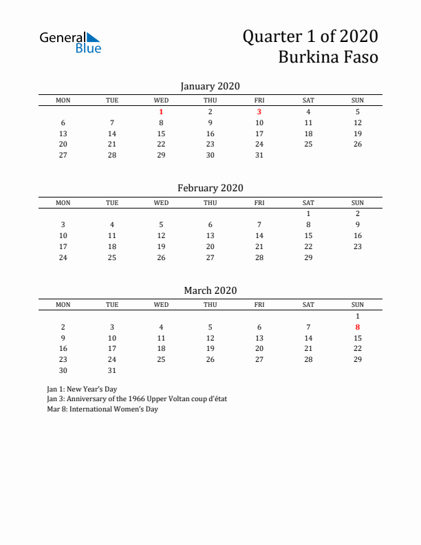 Quarter 1 2020 Burkina Faso Quarterly Calendar