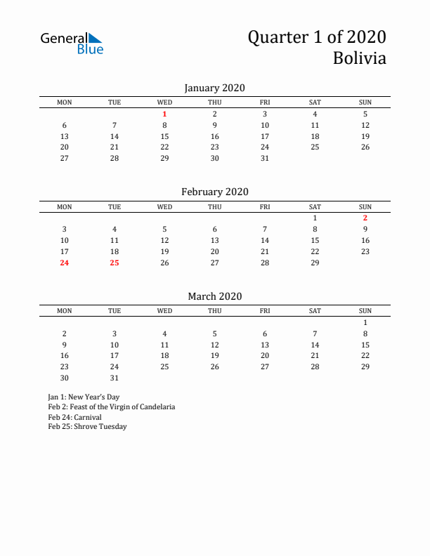 Quarter 1 2020 Bolivia Quarterly Calendar