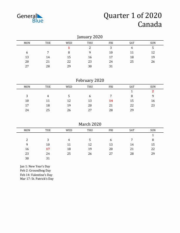 Quarter 1 2020 Canada Quarterly Calendar